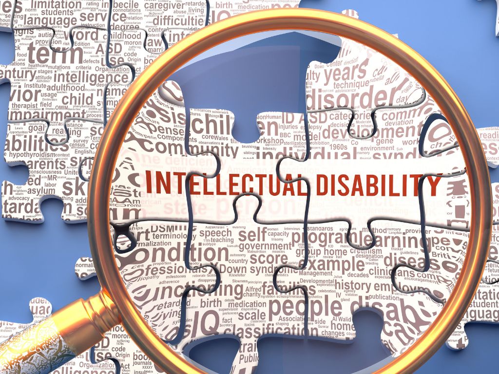 Image of the words Intellectual Disability as a topic under close inspection, as a jigsaw puzzle.