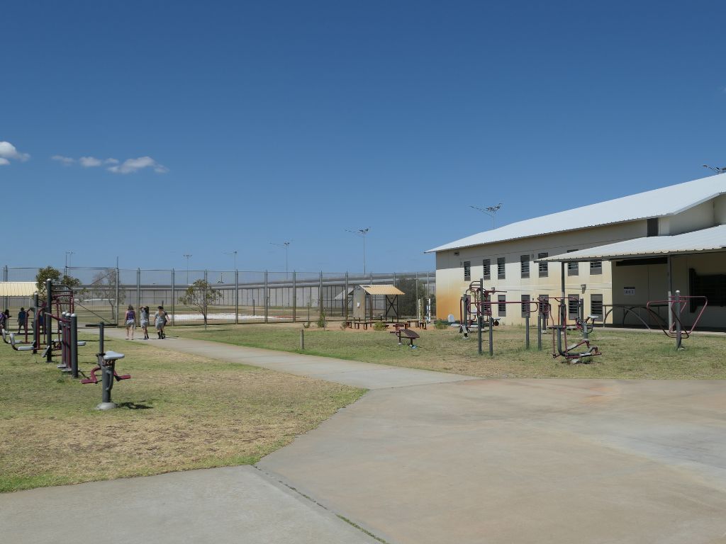 Image of gym equipment in the open recreation area between the two units at Melaleuca Women's Prison